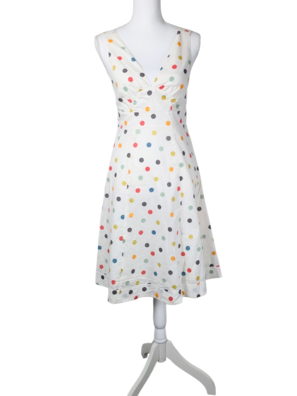 Garnet Hill Vintage Inspired White Midi Dress with Multicolor Polka Dots